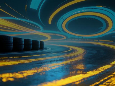 3D-rendered virtual race track with reflective asphalt and dynamic neon blue and yellow lights, symbolizing high performance, speed, and Duckhams automotive excellence.
